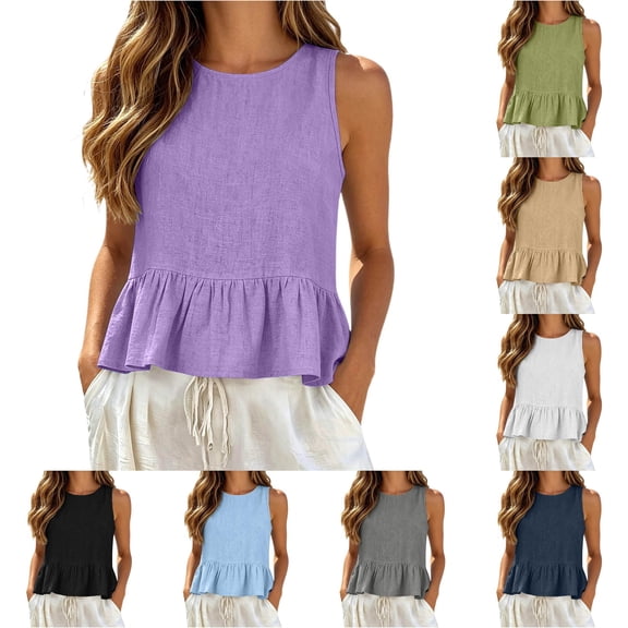 WAYUTE Tank Tops for Women Ruffle Hem Crew Neck Sleeveless Solid Color Tank Blouse Soft Breathable Summer Beach Vest Shirts,Purple,2XL