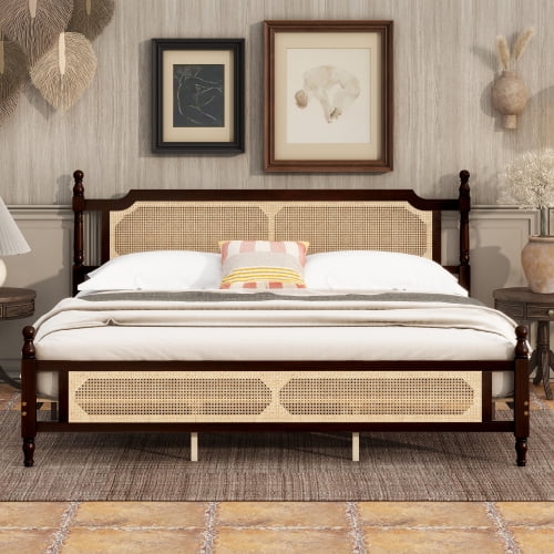 King Size Platform Bed with Rattan Headboard and Footboard, Solid Pine Wood Bed Frame with Central Support, Modern Farmhouse Bedroom Furniture, Espresso