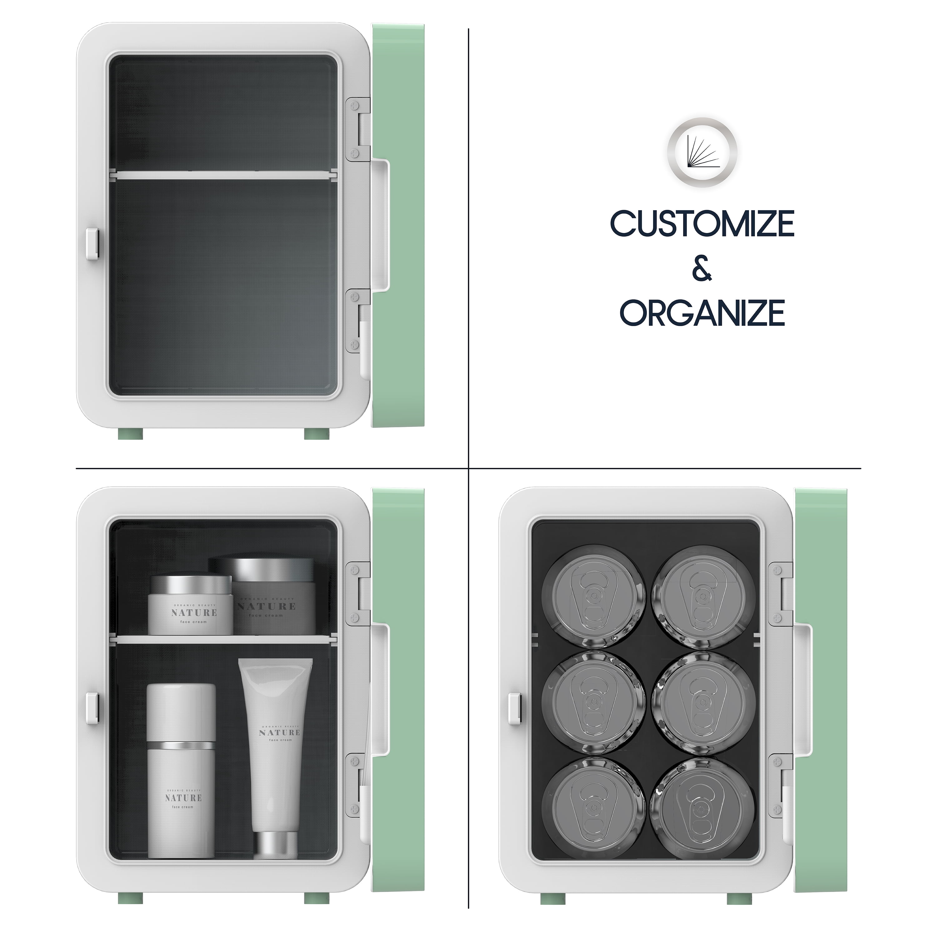 Icon Beauty LED Mirror Door 6.75in. Mini Cooler, 4-Liter Compact Mini Fridge with Touch-Control LED Light and Standard Door, New