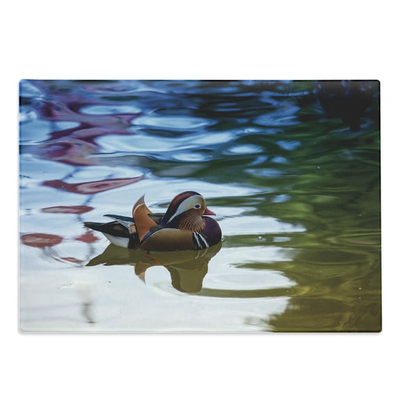 Africa Cutting Board, Chinese Mandarin Ducks Sail in the River East Winged Creature Peace Habitat, Decorative Tempered Glass Cutting and Serving Board, Large Size, Multicolor, by Ambesonne