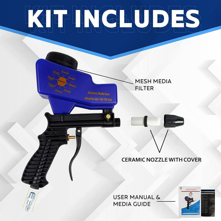 LE LEMATEC AS118 - Kit de pistola de arena para compresor de aire,  removedor de pintura/óxido para grabado de metal, madera y vidrio, hasta  150 PSI de