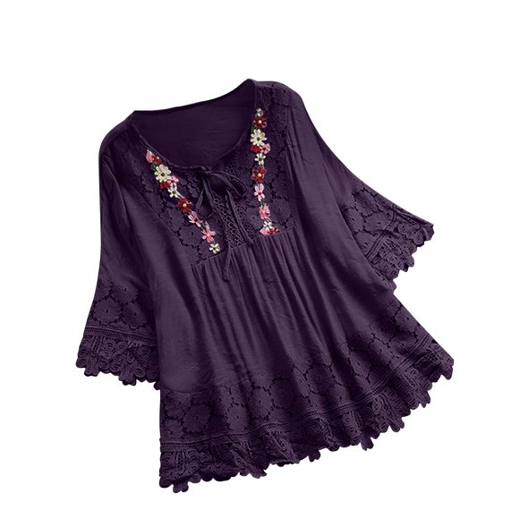 BLVB Women's Summer Fall Boho Embroidery Linen Tops Tie Neck 3/4 Sleeve Casual Loose Bohemian Shirt Blouse Tunic for Beach Vacation