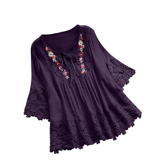 AherBiu Hauts d'Été pour Femmes Décontractés Manches 3/4 Coton Lin Blouses Amples Dentelle Ajourée Boho Fluides