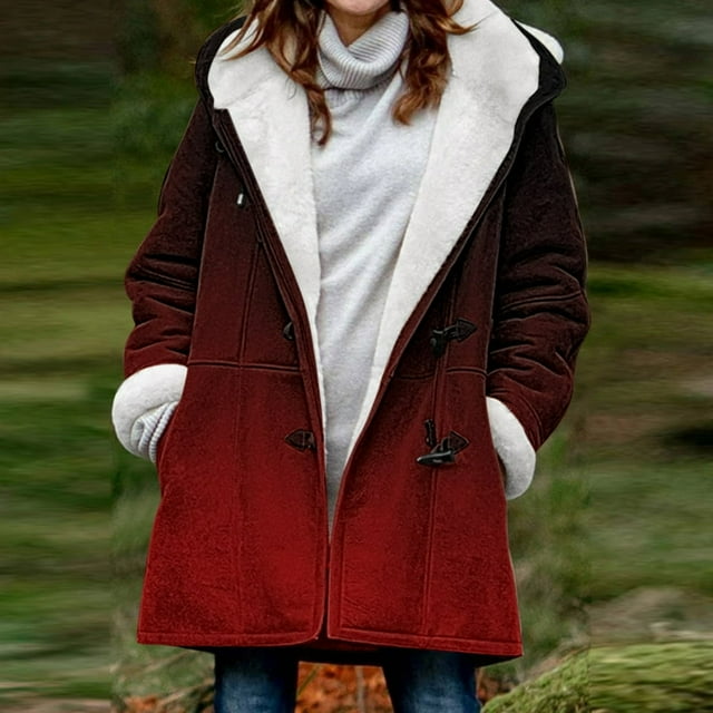 Womens Casual Loose Fuzzy Fleece Gradient Solid Plus Size Buttons Jacket Hooded Coat