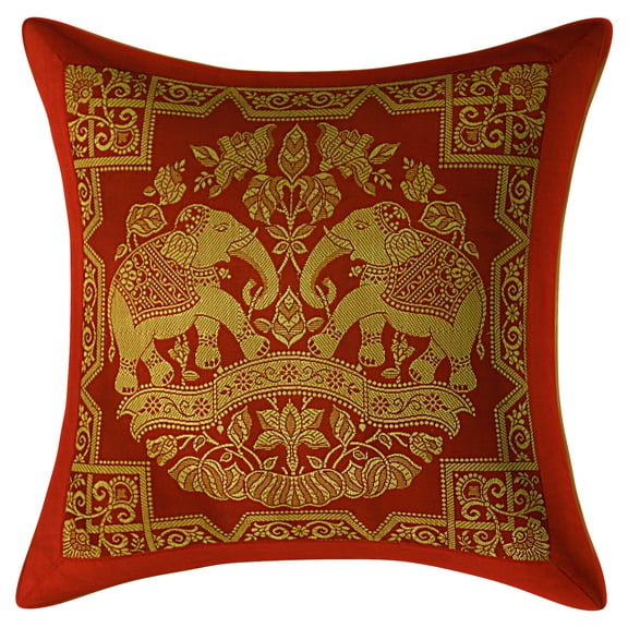 Stylo Culture Ethnic Living Room Brocade Red And Gold Throw Pillow Covers 12x12 Jacquard Weave Banarsi Thanksgiving Pillow Covers Elephant Floral 30x30 cm Decorative Cushion Covers (1 Pc)