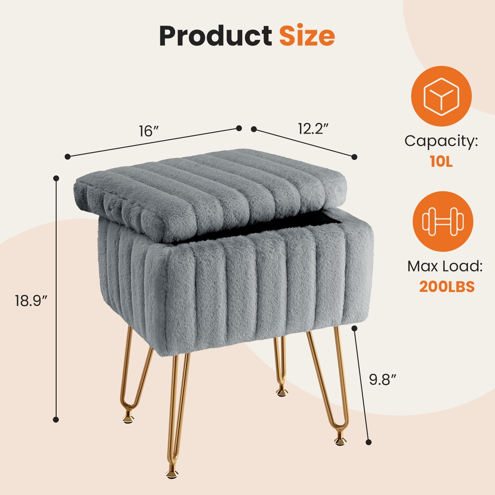 LIFERECORD Small Ottoman with Storage, Vanity Stool with Storage for Bedroom, Ottoman Coffee Table,Small Velvet Foot Stool for Living Room, Grey