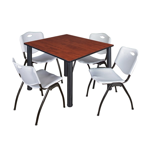 Kee 48" Square Breakroom Table- Cherry/ Black & 4 'M' Stack Chairs- Grey