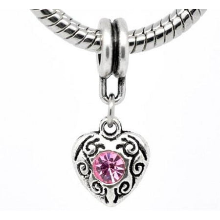 Thomas Sabo Key - October Pink Birthstone Antique Silver Rhinestone Heart Charms. Fits Thomas Sabo 26x10mm