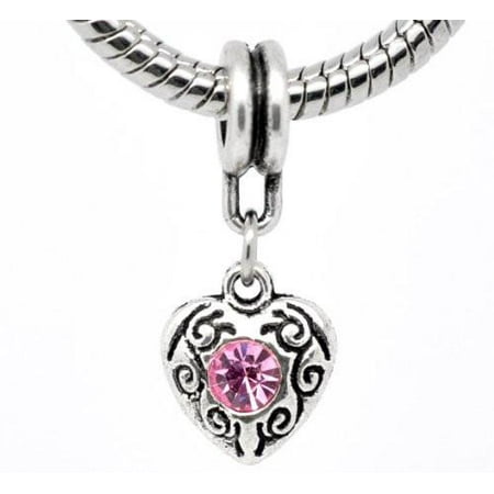 October Pink Birthstone Antique Silver Rhinestone Heart Charms. Fits Thomas Sabo
