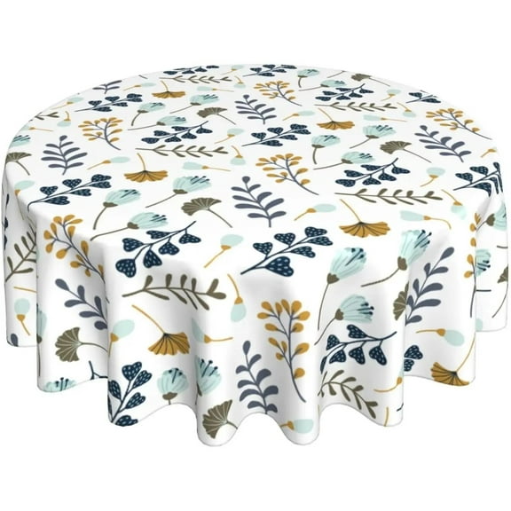 Blue Grey Floral Leaves Round Tablecloth 60h Spring Summer Leaf Table Clothes Rustic Reusable Circle Table Cover for Dining