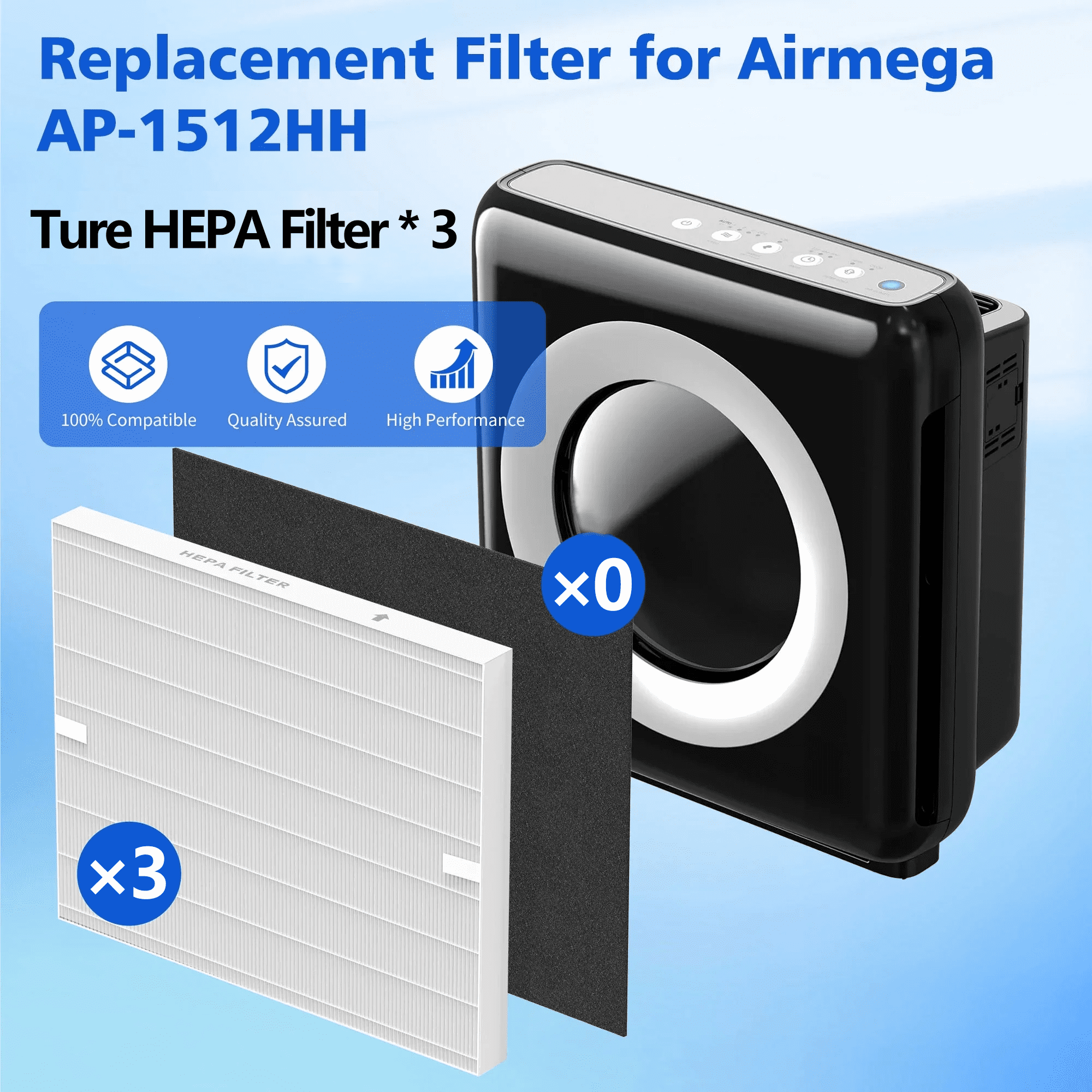 3 Pack AP-1512HH True HEPA Replacement filter Compatible with Coway Airmega AP-1512HH Air Purifier and Airmega 200M Air Purifier, AP-1512HH, AP-1512HH-FP, AP-1518R, AP-1519P, Item NO #3304899