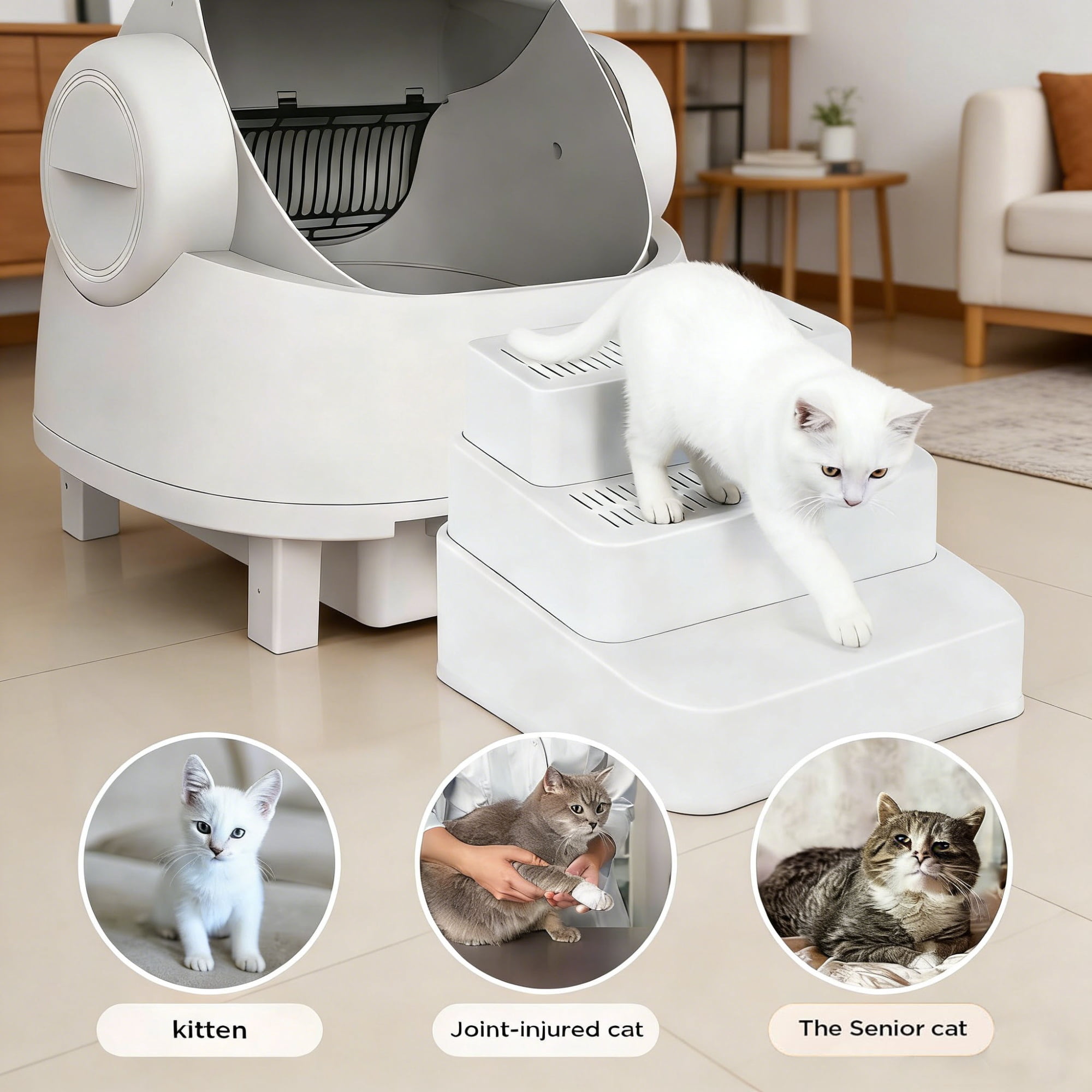 Adjustable 3 Steps Litter Box Ramp with Detachable Litter Trapper,Non-Slip Easy Clean Cat Litter Stair for Small & Elderly Cats,Litter Box Ramp with Filter Function.