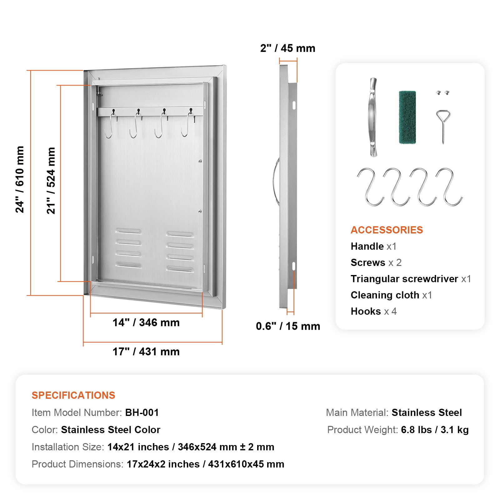 Stainless Steel BBQ Access Door 24x17 Inch with Louvred Vents, Reversible Hinge, for Outdoor Kitchen Island