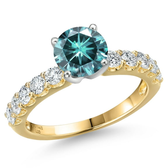 Gem Stone King 14K Two Tone Gold Blue Moissanite and Lab Grown Diamond Engagement Ring for Women | 1.65 Cttw | Round 6.5MM | Gemstone Birthstone | Size 5