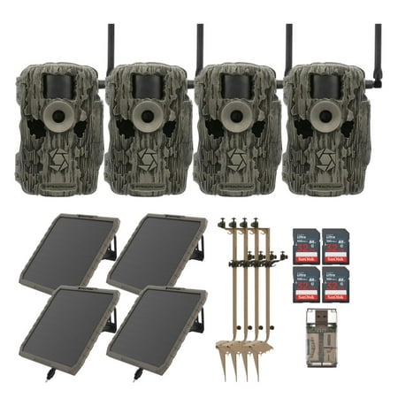 Stealth Cam 36MP Fusion Max Cellular Trail Camera with Infrared Flash (4-Pack) Bundle with Battery Pack (4-Pack) Mounting Post (4-Pack) 32GB Memory Card (4-Pack) and Card Reader (17 Items)