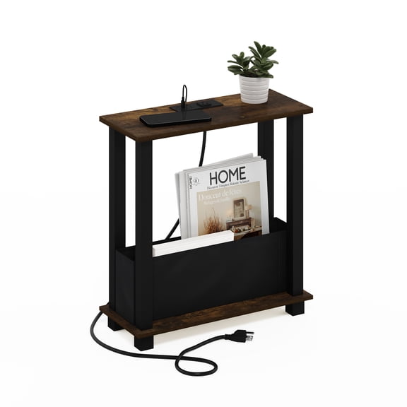Furinno Turn-S-Tube 2-Tier Slim Narrow Side Table with Charging Station and Storage Bins, End Table, Night Stand, Bedside Table with USB and Type-C Charging Port, for Living Room, Bedroom, Amber Oak