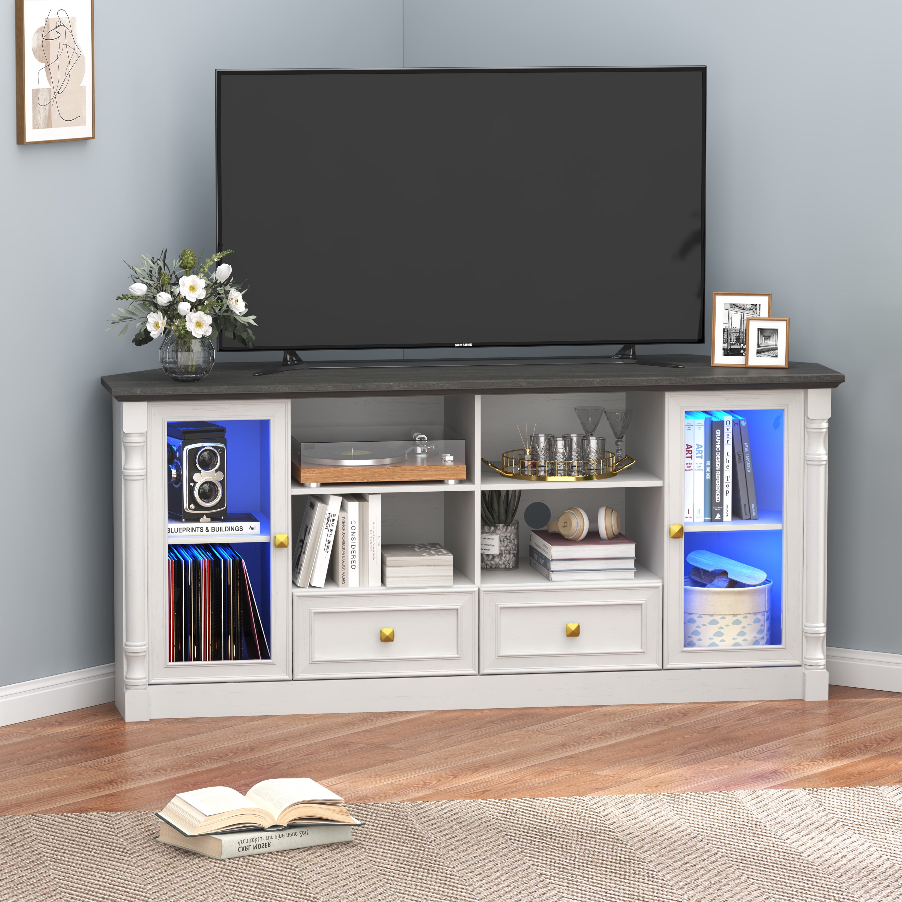 Farmhouse TV Stand for 55 60 65 Inch TVs, Corner Entertainment Center with 2 Storage Drawers and 2 Display Cabinet & Power Outlet and LED Lights, Wood TV Console Table for Living Room, Bedroom, White