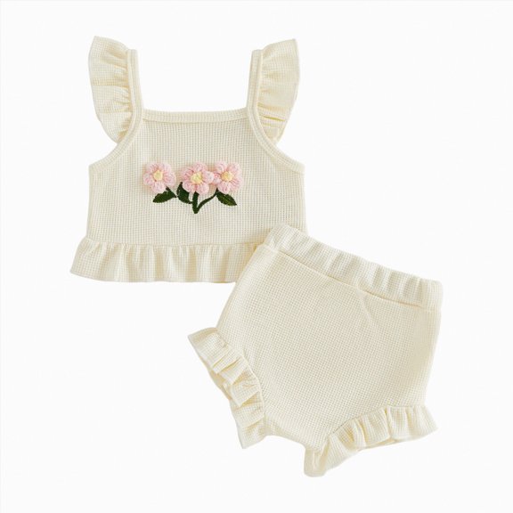 Xyant Newborn Baby Girl Summer Clothes Outfits 0 3 6 12 18 Months Flower Ruffle Sleeve Crop Tops and Shorts Set (Beige,12-18 Months)