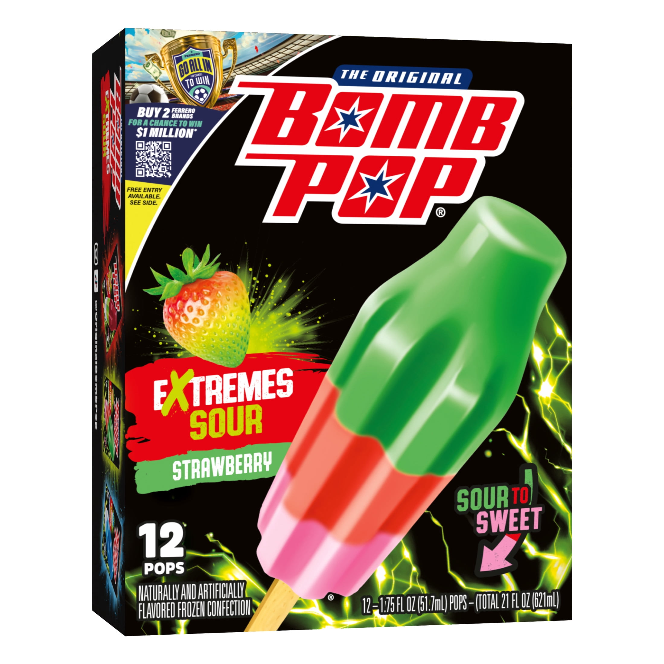 Bomb Pop Extremes Super Sour Strawberry Freeze Ice Pops, Frozen Freezer Dessert, 12 Pack