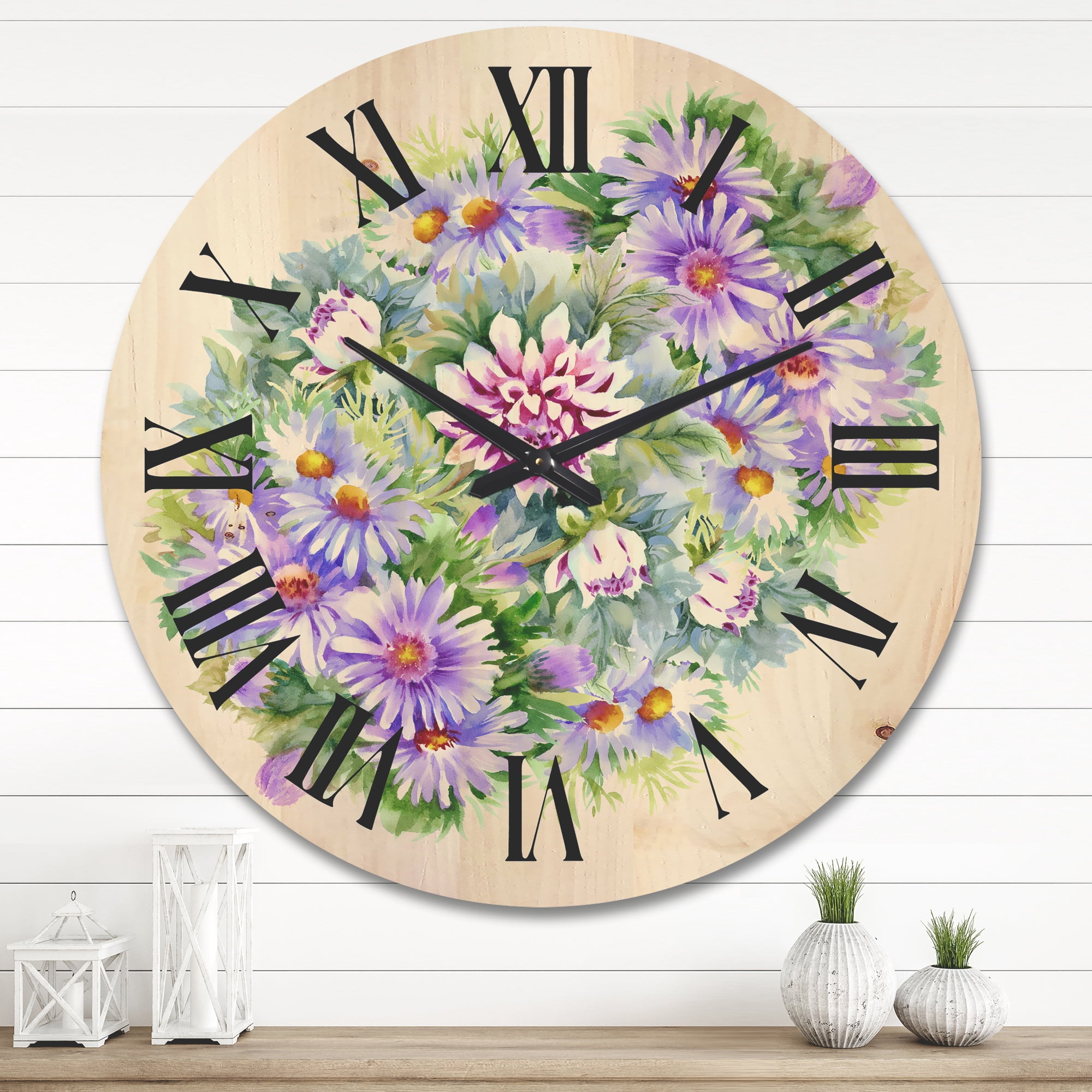 Designart 'Bouquet With Daisies and Purple Chrysanthemums' Traditional Wood Wall Clock