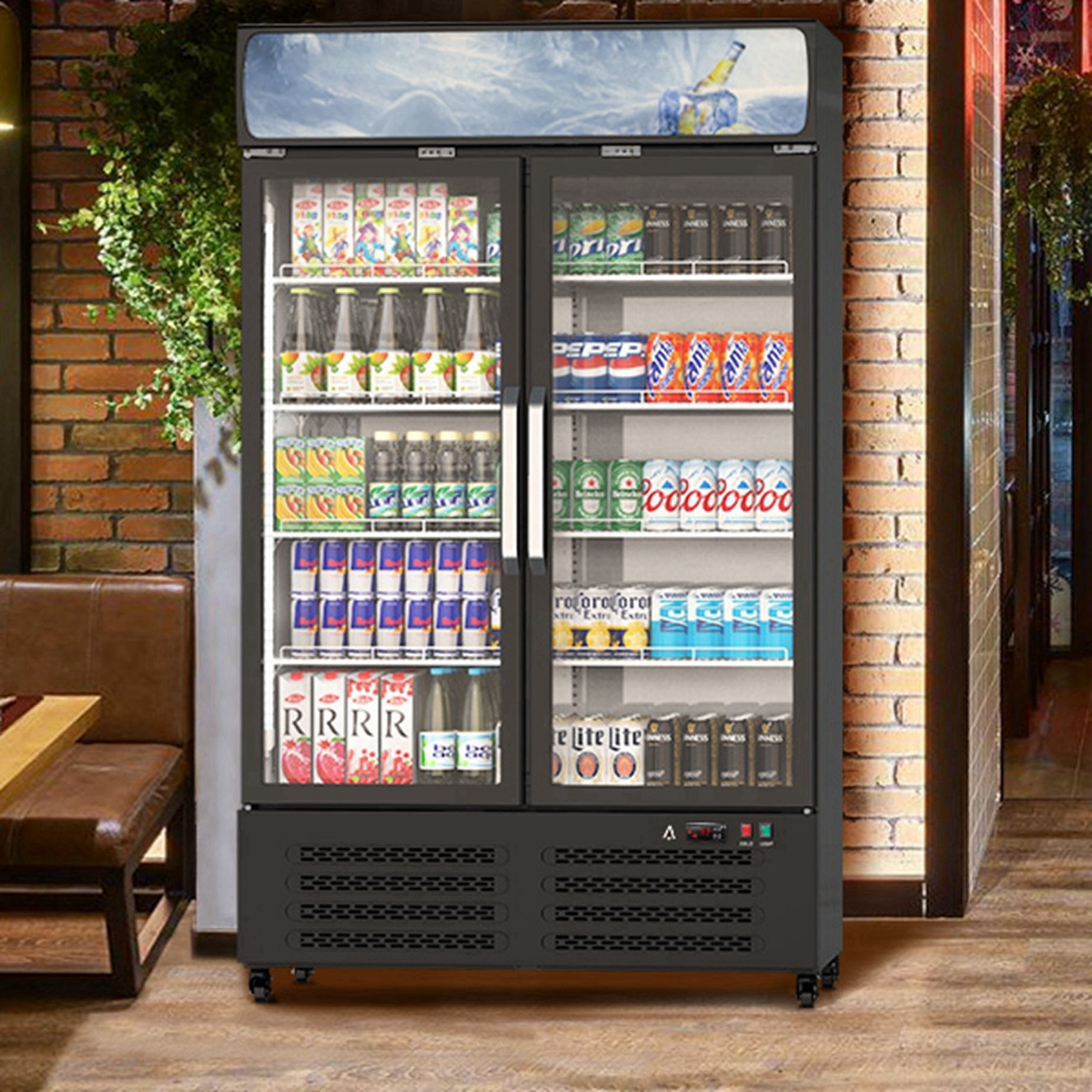 Adoolla 25 Cu.Ft. Double Glass Door Commercial Upright Merchandiser Display Refrigerator with Adjustable Shelves & Lightbox