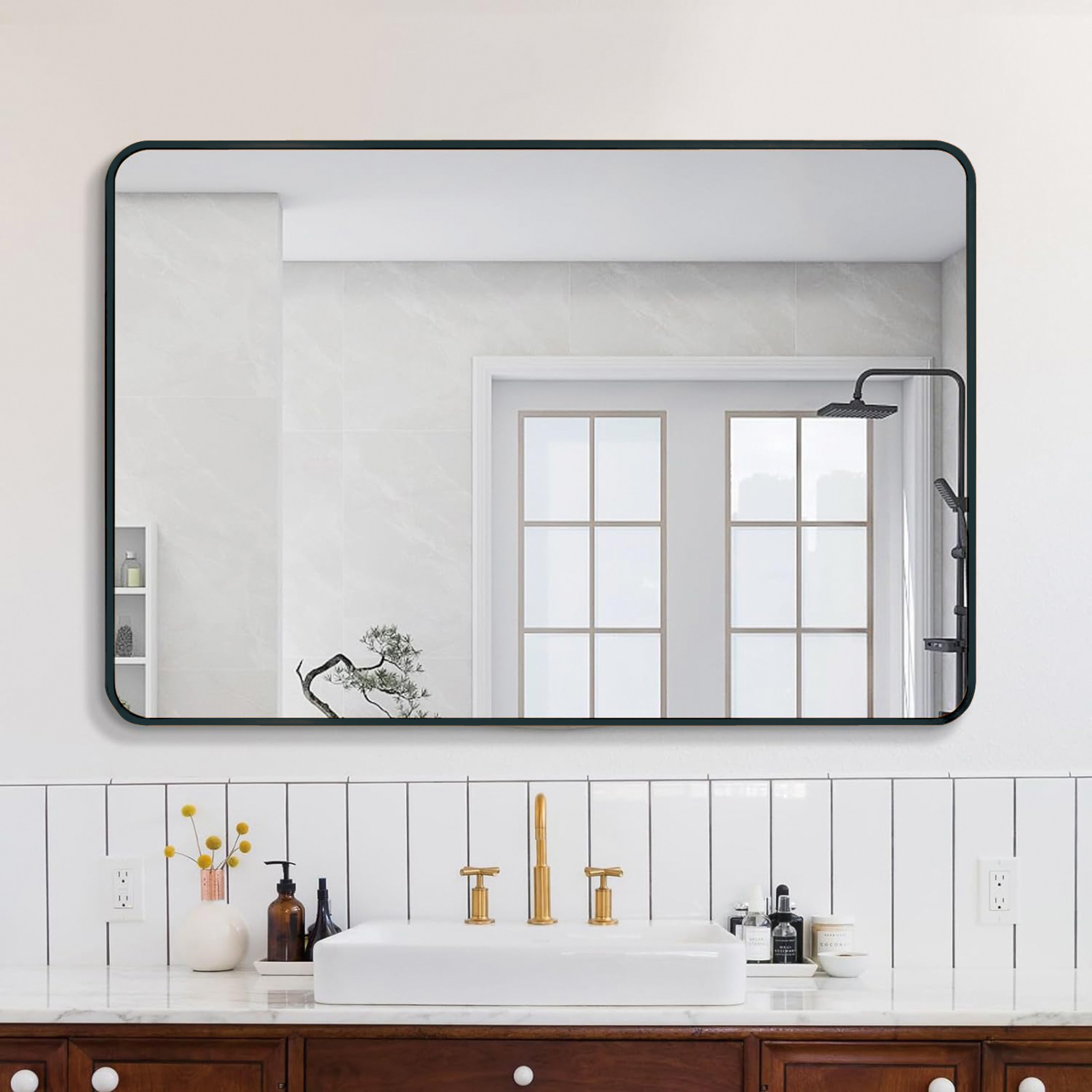 Noble House 30"x40" Rectangular Bathroom Wall Mirror, Metal Frame with HD Glass, Black