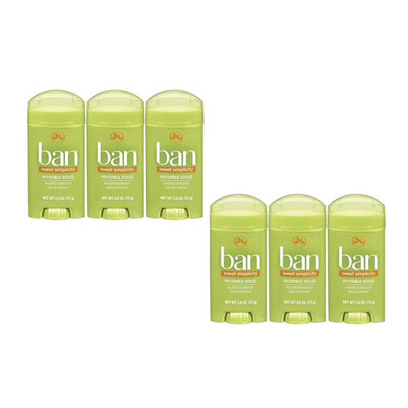 Ban Invisible Solid Antiperspirant Deodorant, 24-Hour Odor & Sweat Protection, Sweet Simplicity, 6 Pack