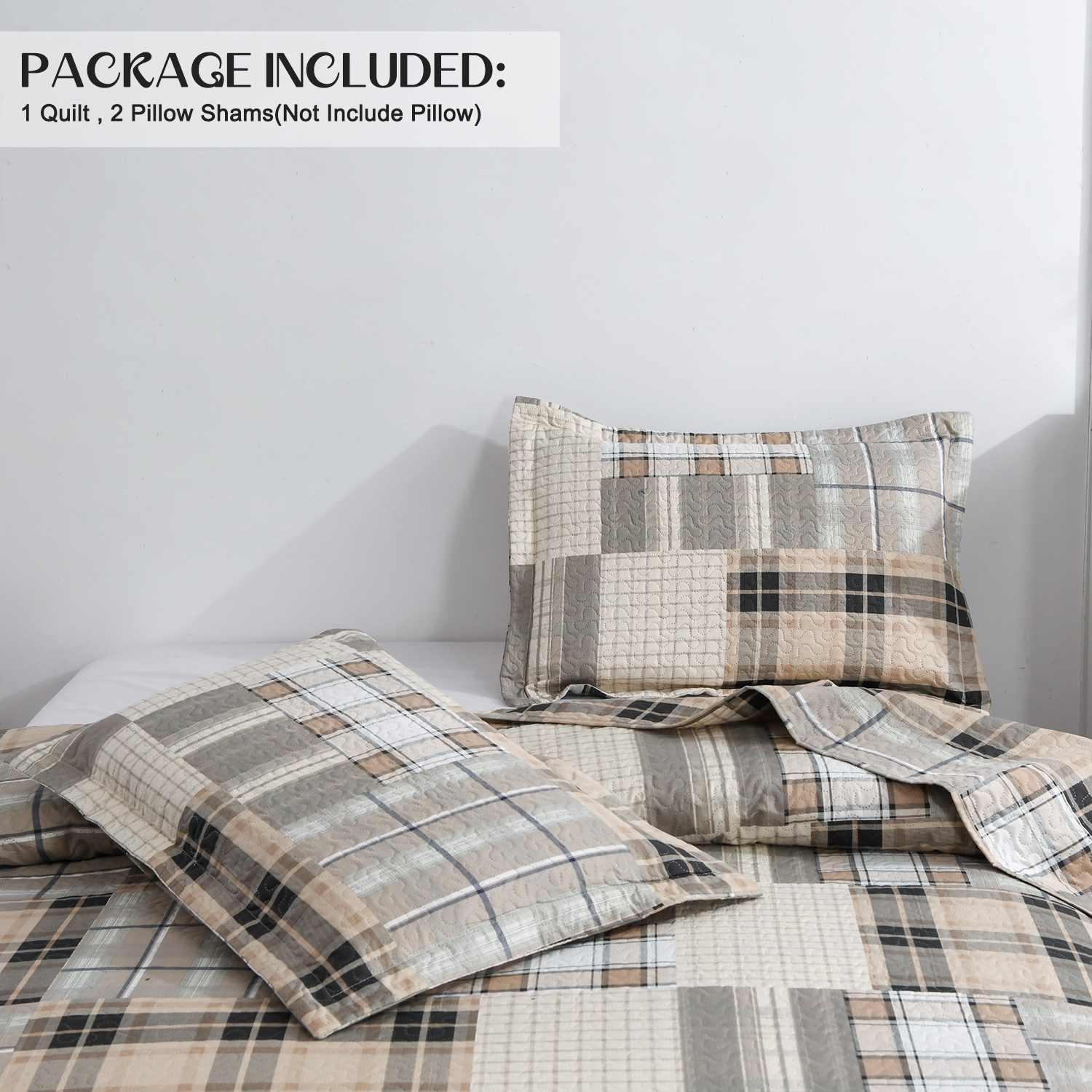 Kebury Plaid Quilt Set King Size Microfiber Ultra Soft Bedspread Ligthtweight Bedding Brown Coffee Quilt Coverlet Collection for Bedroom (1 Quilt, 2 Pillow Shams)