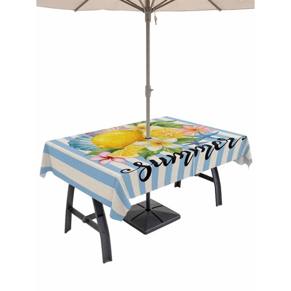 Outdoor Tablecloth with Umbrella Hole for Patio/Picnic/Party/Camping, Lemons Coastal Waterproof Table Cloth Rectangle Table Cover Washable, Summer Botanical Floral Blue Striped Farmhouse (60"x 102")