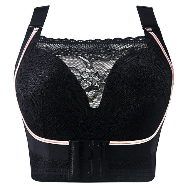 Xysaqa Women's Plus Size Bra Slimming Wireless Back & Front Buckle Support Longline Bra with Lace Full-Coverage Push Up Bra