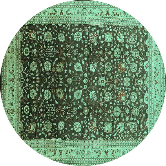 Ahgly Company Machine Washable Indoor Round Oriental Turquoise Blue Traditional Area Rugs, 3' Round