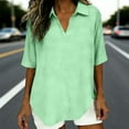 thumbnail image 2 of HomeDM Womens 3/4 Sleeve Collared V-Neck T Shirts, Cotton Linen Summer Solid Color Loose Fit Curved Hem Tunic Tops - Green/L, 2 of 7