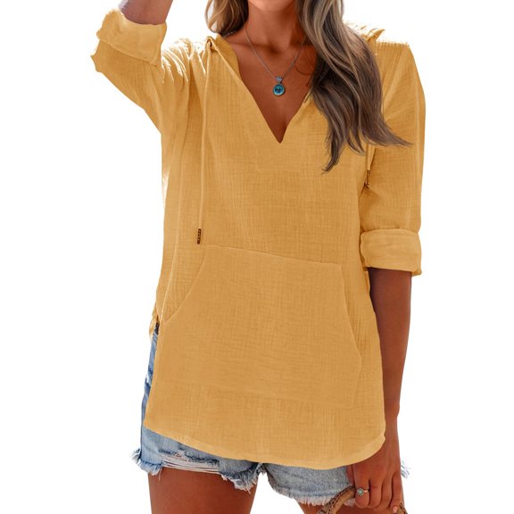 Nestiefly Women's Beach Cover Up Long Sleeve Summer Linen Shirt Hoodies Sweatshirt V Neck with Pocket Hooded Tops 2026 Yellow XL