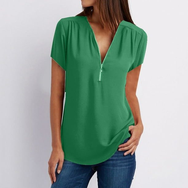 MKLEKYY Playeras Camiseta Informal Para Mujer, Blusa Holgada Con Cuello En V Y Cremallera Talla L