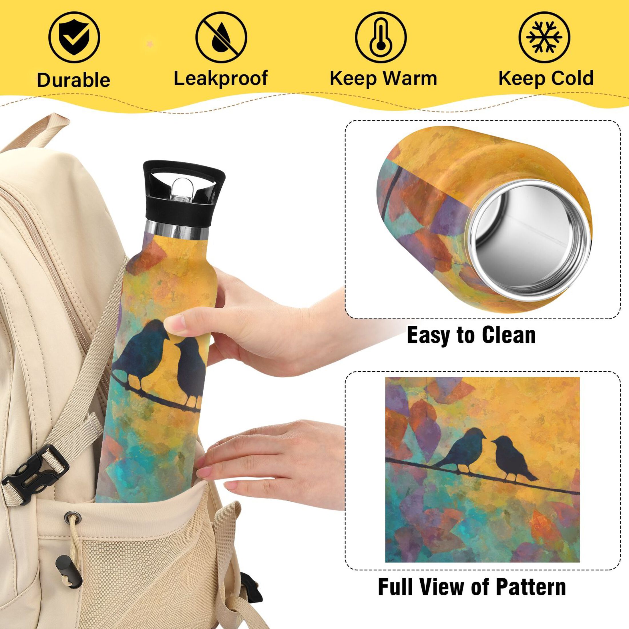 Kids Insulated Stainless Steel Sports Water Bottle 600ml (20oz) Birds on A Wire