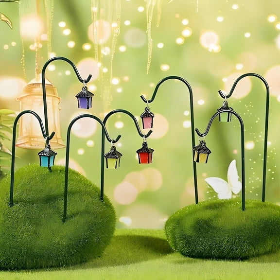 ICERUN 7Pcs Miniature Garden Stakes,Resin Mini Lanterns Decorative Potted Plant Stake with Metal Hooks Small Accessories for Terrarium Succulent Pots Indoor Outdoor Plants Decor