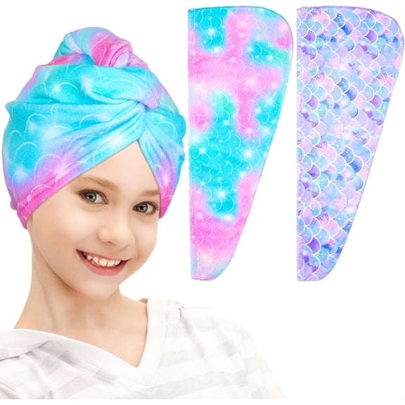 FacoFaco Pack of 2 Microfiber Hair Towel Rapid Drying Towel Wrap for Wet Hair with Button Women & Girls Long, Curly Hair, Purple/Green Mermaid