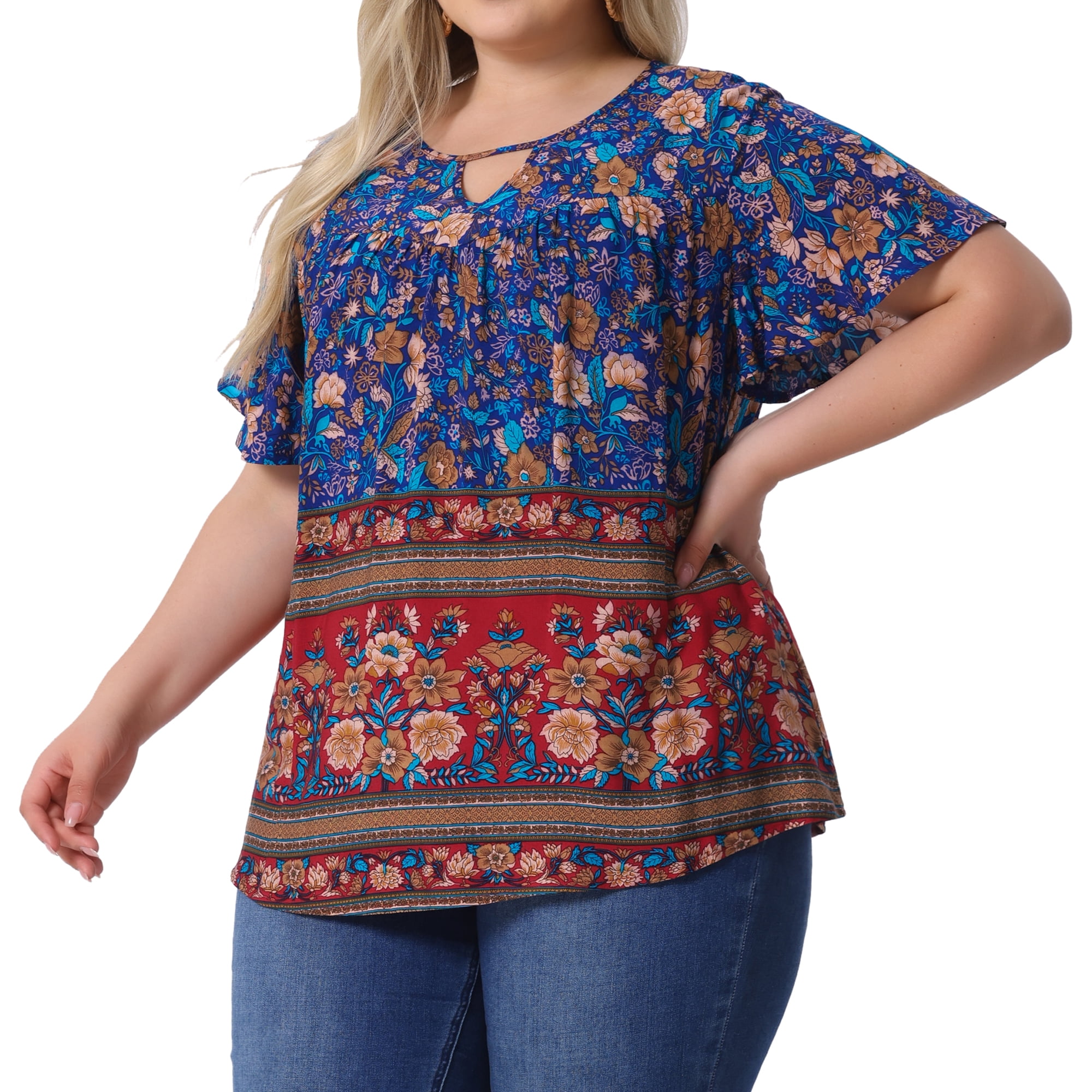 Women's Plus Women's Keyhole Ruffle Short Sleeve Boho Floral Blouse 4X Navy Blue