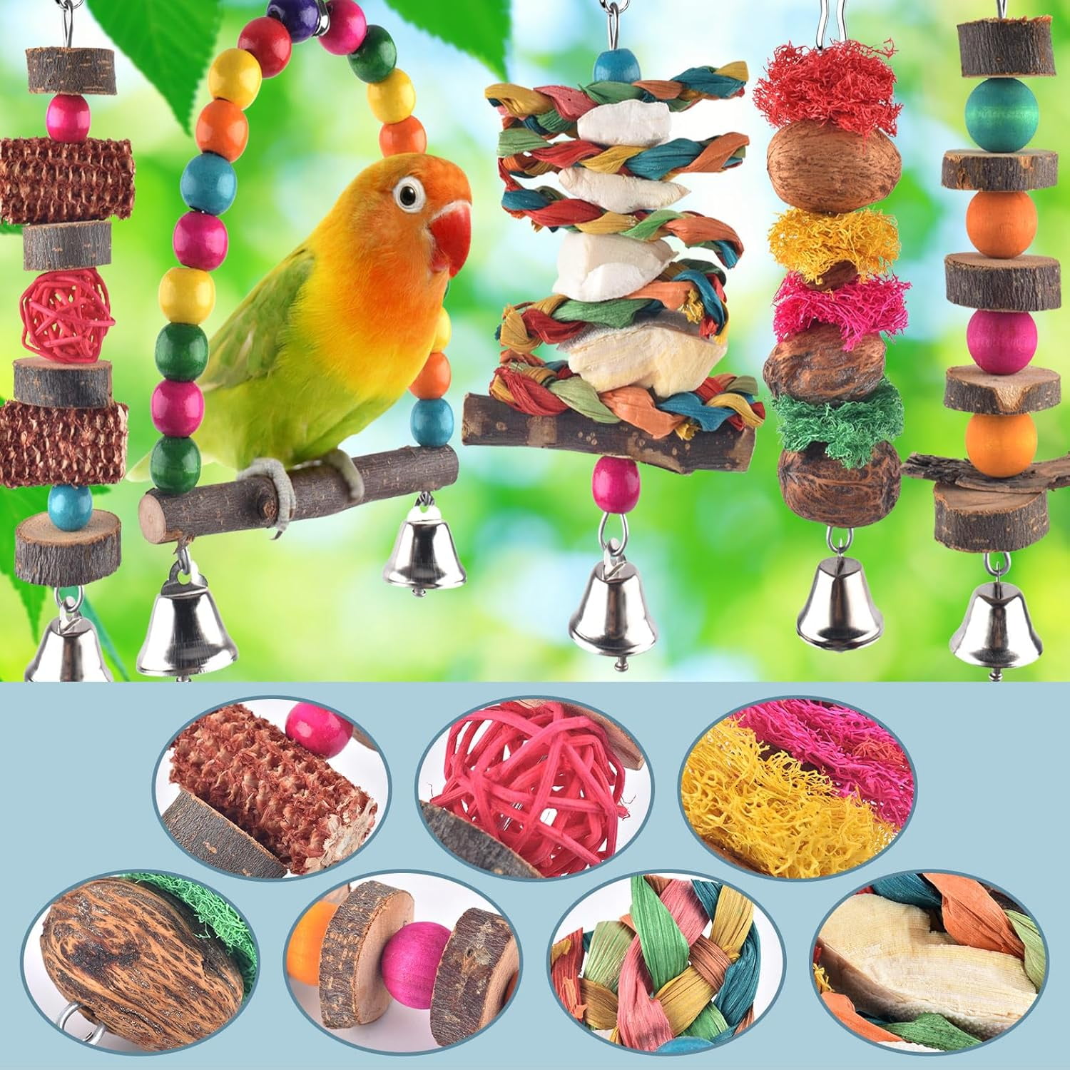 Bird Chew Toys, 7 Packs Parakeet Natural Wood Toys Parrot Hanging Cage Toy Perch Stand for Small Birds Conure Cockatiel Parrotlet Lovebird Budgie