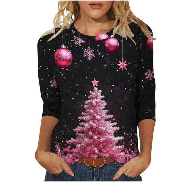 Camisetas de Navidad para Mujeres, 3/4 Manga Cuello Redondo Blusa con Estampado de Vacaciones, Top de Moda Casual