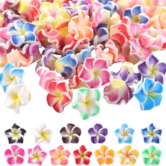 DESIGNICE 2026 New 100Pcs Plumeria Beads Polymer Clay Flower Beads Bulk Handmade Hawaiian Plumeria Flowers 12X8Mm Flat Back Floral Charms Summer Colorful 3D Loose Spacer Beads for Jewelry Making Kit