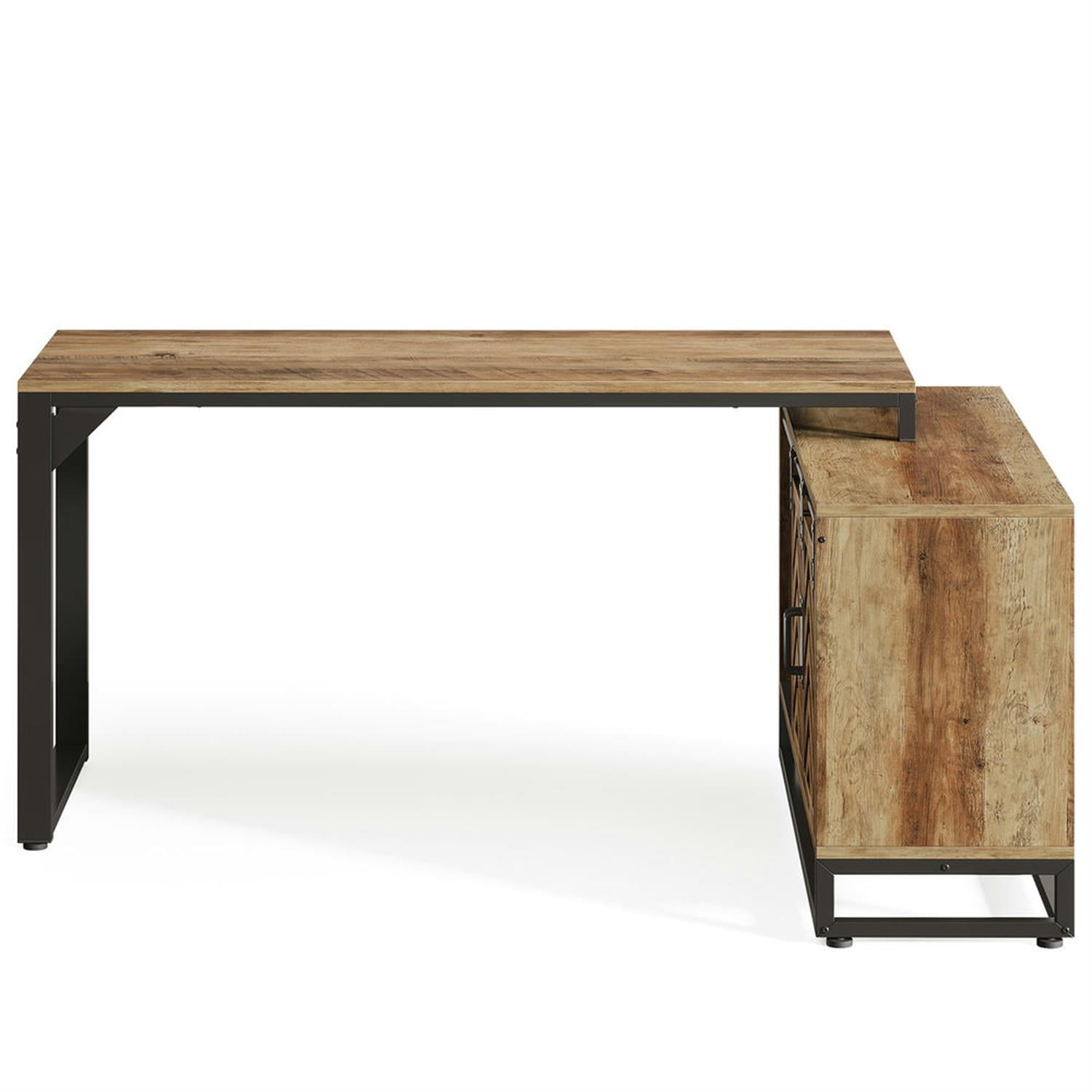 Demi Bonn Farmhouse L Shaped Gaming Computer Desk, 53" Corner Executive Desk with Storage Cabinet for Home Office, Brown