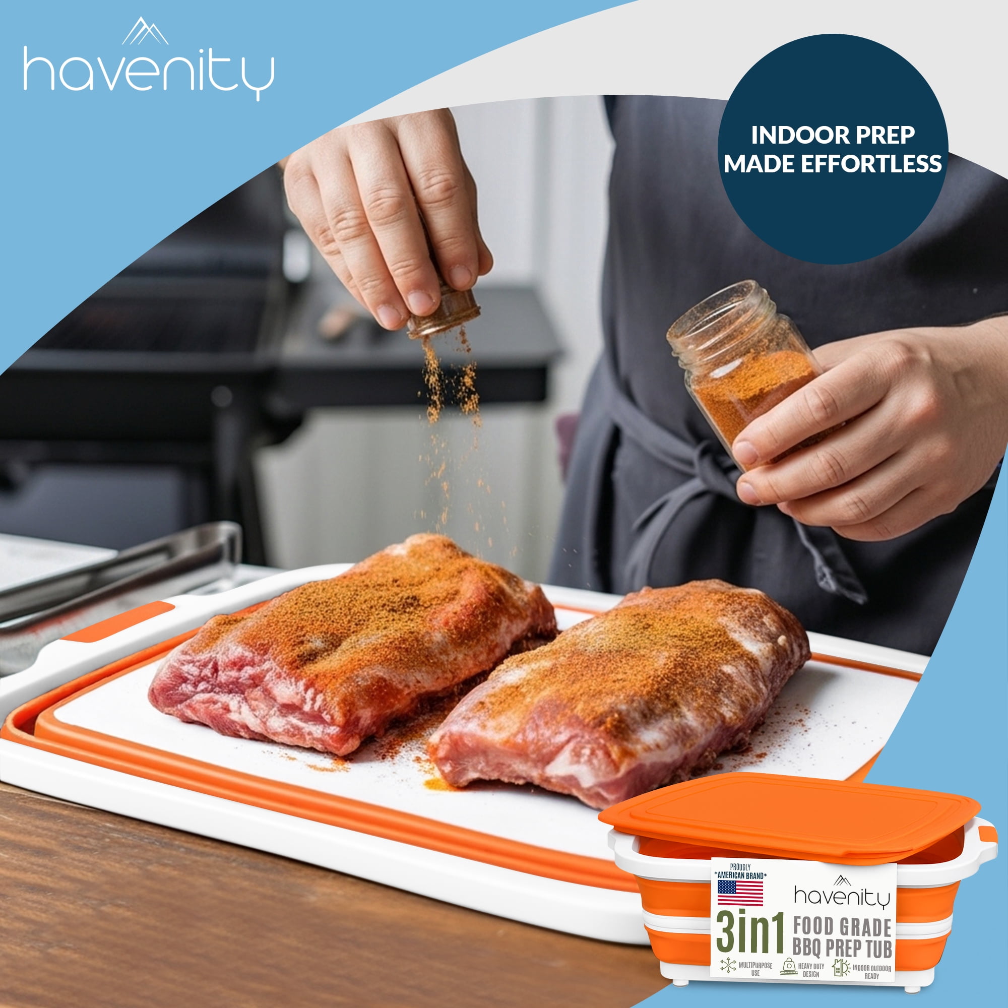 Havenity Bbq Prep Tub 2 Pack Orange (16l+16l) - Multifunctional Collapsible Camping Cutting Board with Lid