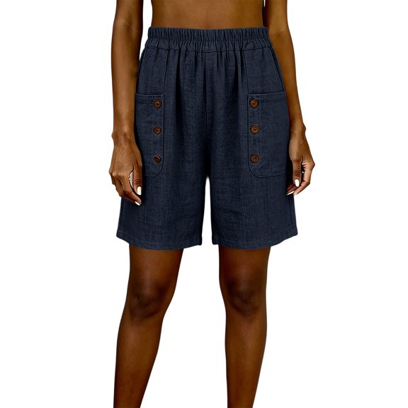 Bermuda Shorts for Women Plus Size Fashion Summer Casual Elastic Waist Shorts with Pockets Navy M