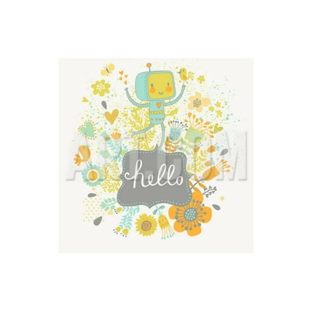 Vector Floral Frames - Vector Floral Background with Happy Robot. Vintage Frame with Place for Text. Cute Funny Childish C Print Wall Art By smilewithjul