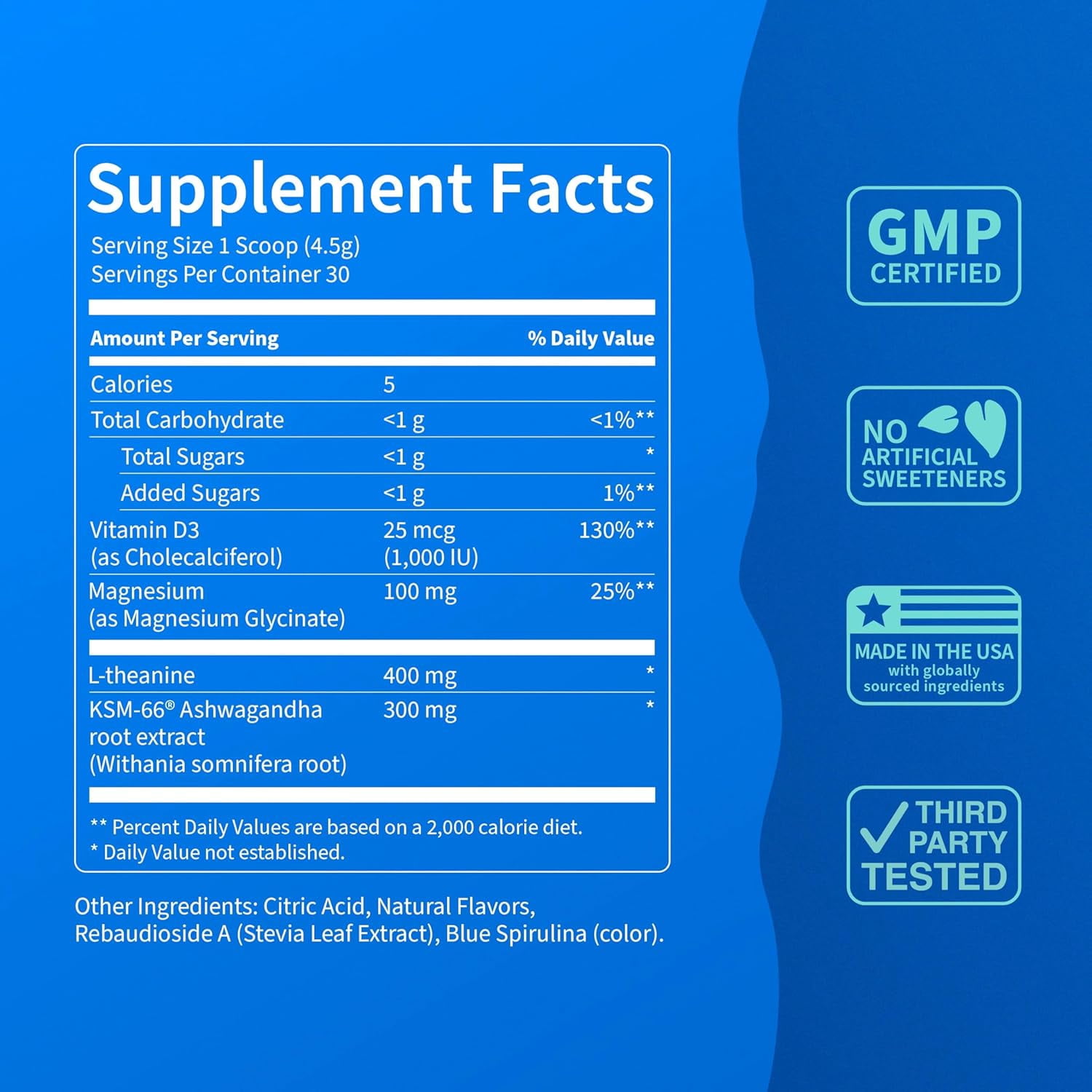 Nello Supercalm Drink Mix - Ashwagandha KSM 66, Magnesium Glycinate & L-Theanine Supplement - Ashwagandha Root Extract - Focus and Relaxation Support (30 Serving Tub) - Blue Coconut