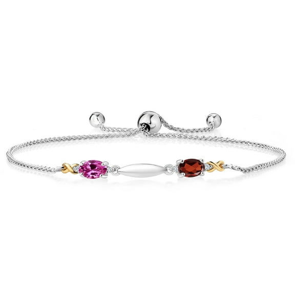 Gem Stone King 1.11 Ct Pink Created Sapphire Red Garnet 925 Silver and 10K Yellow Gold Lab Grown Diamond Bracelet for Women