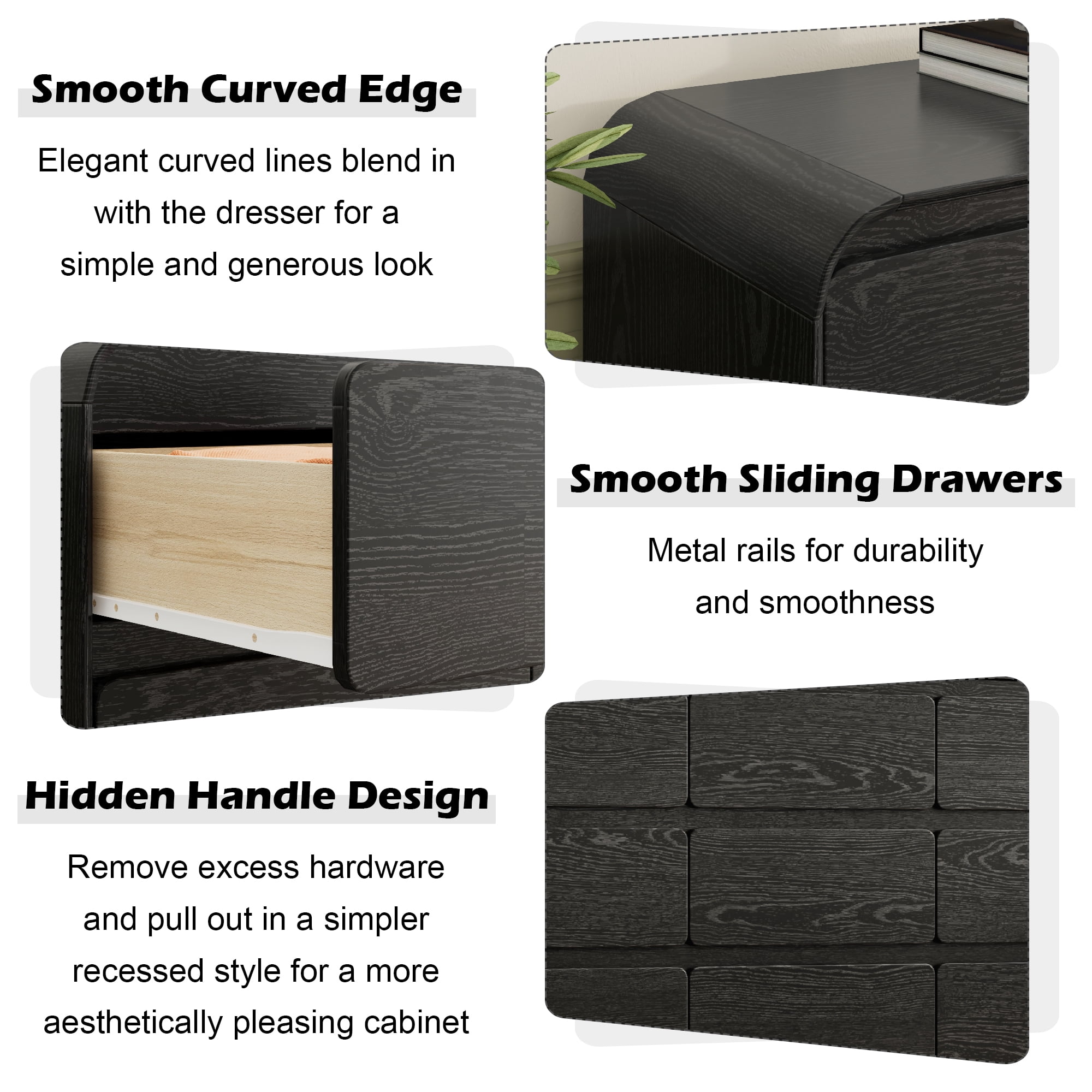 ANPOO 9 Drawers Dresser for Bedroom, 63"W Dressers & Chest of Drawers w/Power Outlet, Curved Design, Wood Mid Century Storage Cabinet, Natural Texture, for Bedroom, Hallway, Black