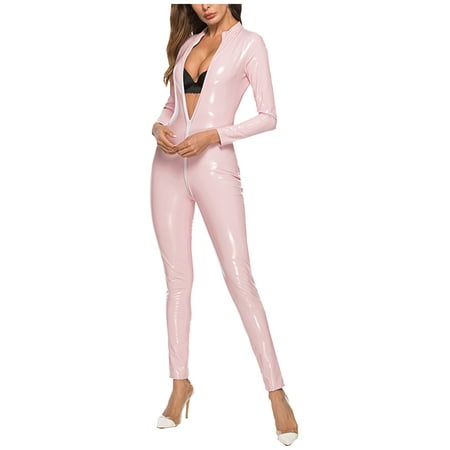 

Wetlook Patent Leather Lingerie Bodysuit Women Long Sleeve Jumpsuit Underwear Cocktail Party Clubwear for Going Out