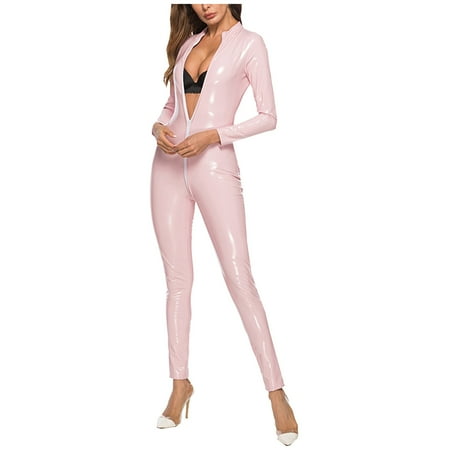 

Wetlook Patent Leather Lingerie Bodysuit Women Long Sleeve Jumpsuit Underwear Cocktail Party Clubwear for Going Out